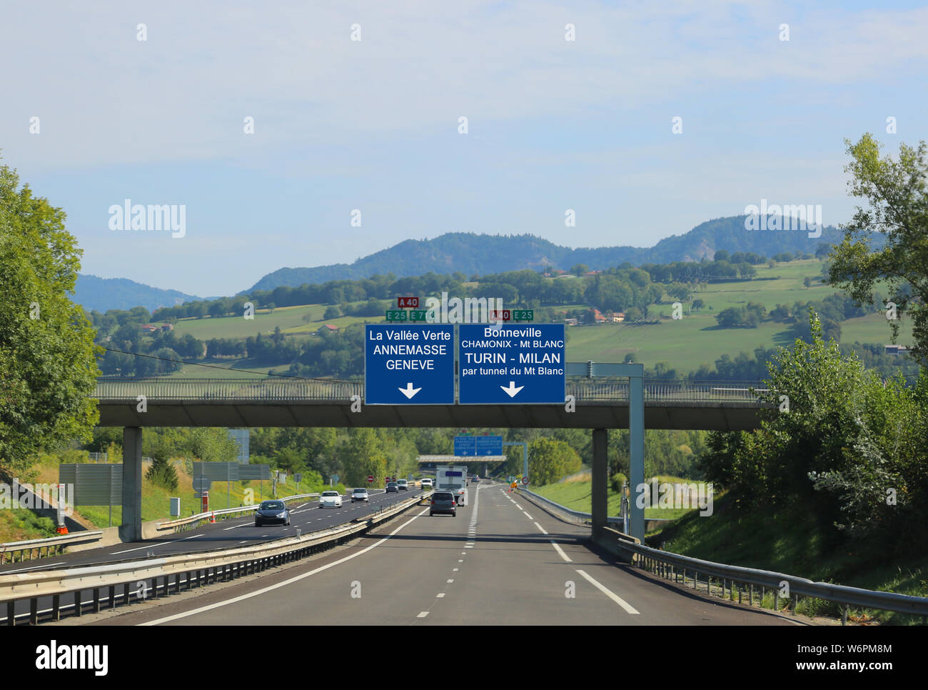 blue road sign with white lettering on the French highway Stock Photo