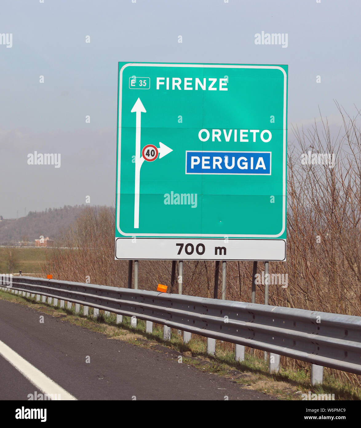 big highway signs with italian text with name of city Florence, Orvieto and  Perugia in Central Italy Stock Photo - Alamy