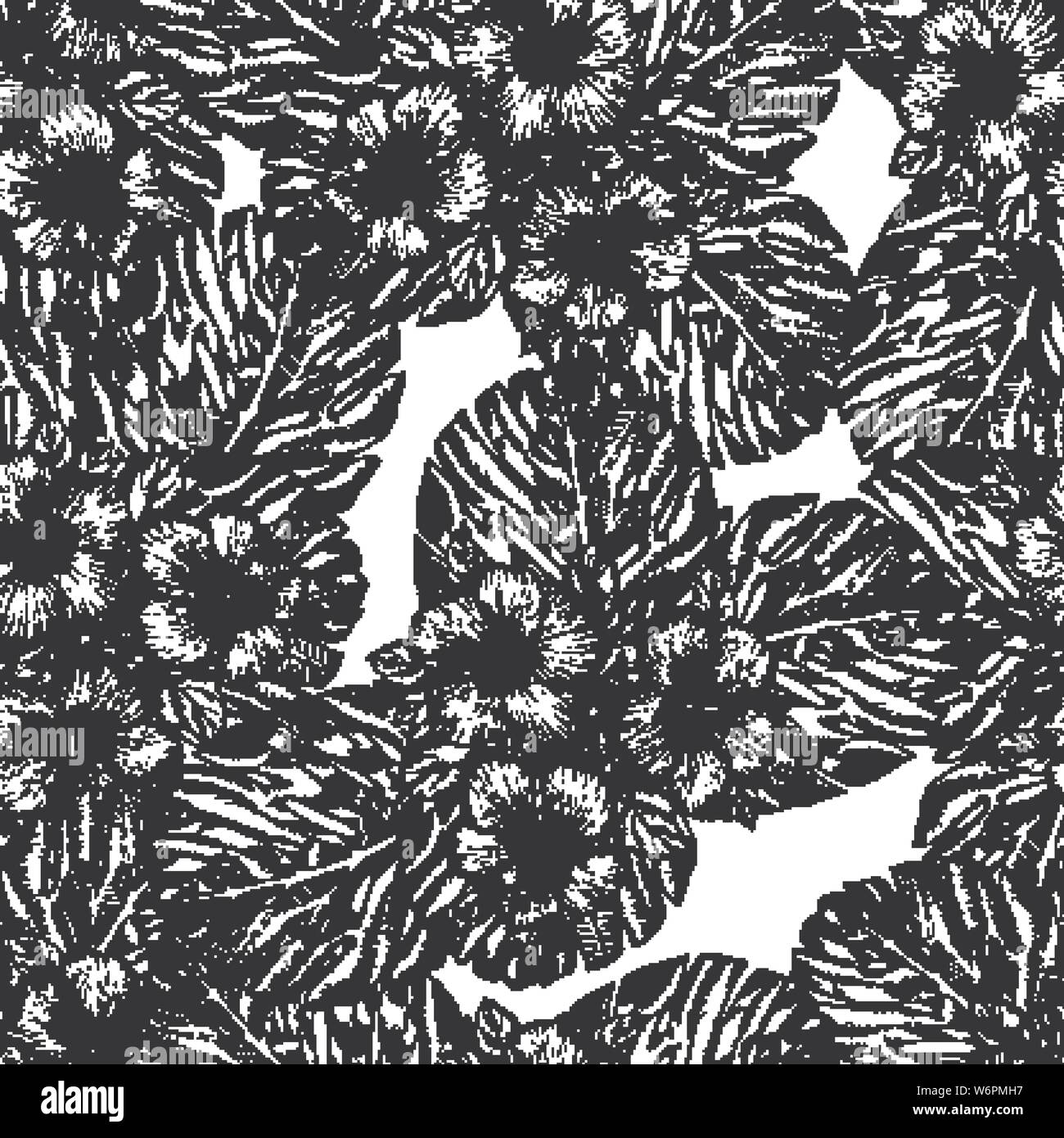 Hand drawn tropical hibiscus flower. Seamless floral pattern with palm ...
