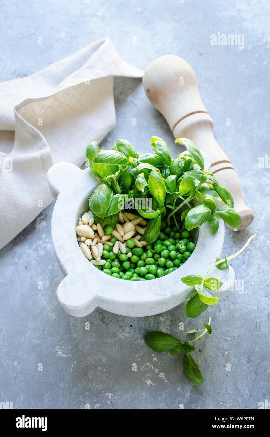 Pea, basil and pinenuts pesto Stock Photo