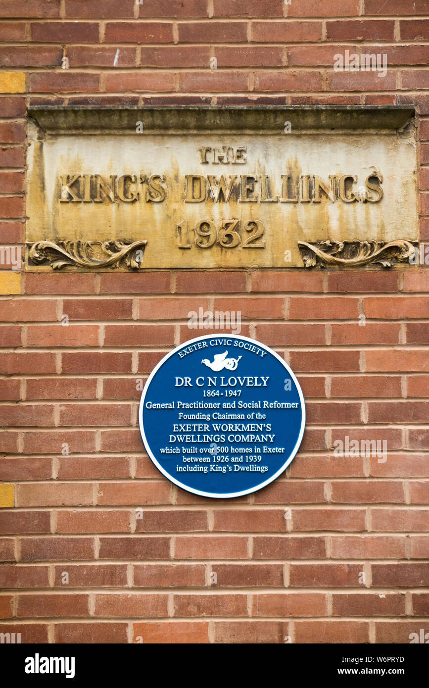 Dr Charles Newton Lovely 's  blue plaque unveiled by Exeter Civic Society on Friday 1st February 2019 on The Kings Dwellings building, Exeter. England UK (110) Stock Photo