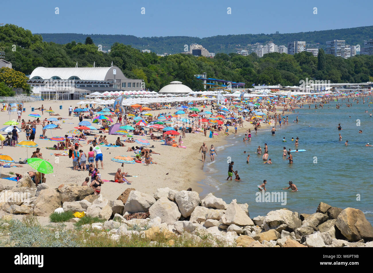 The busy seafront beach of Varna, Bulgaria, Black Sea coast, July 2019 Stock Photo