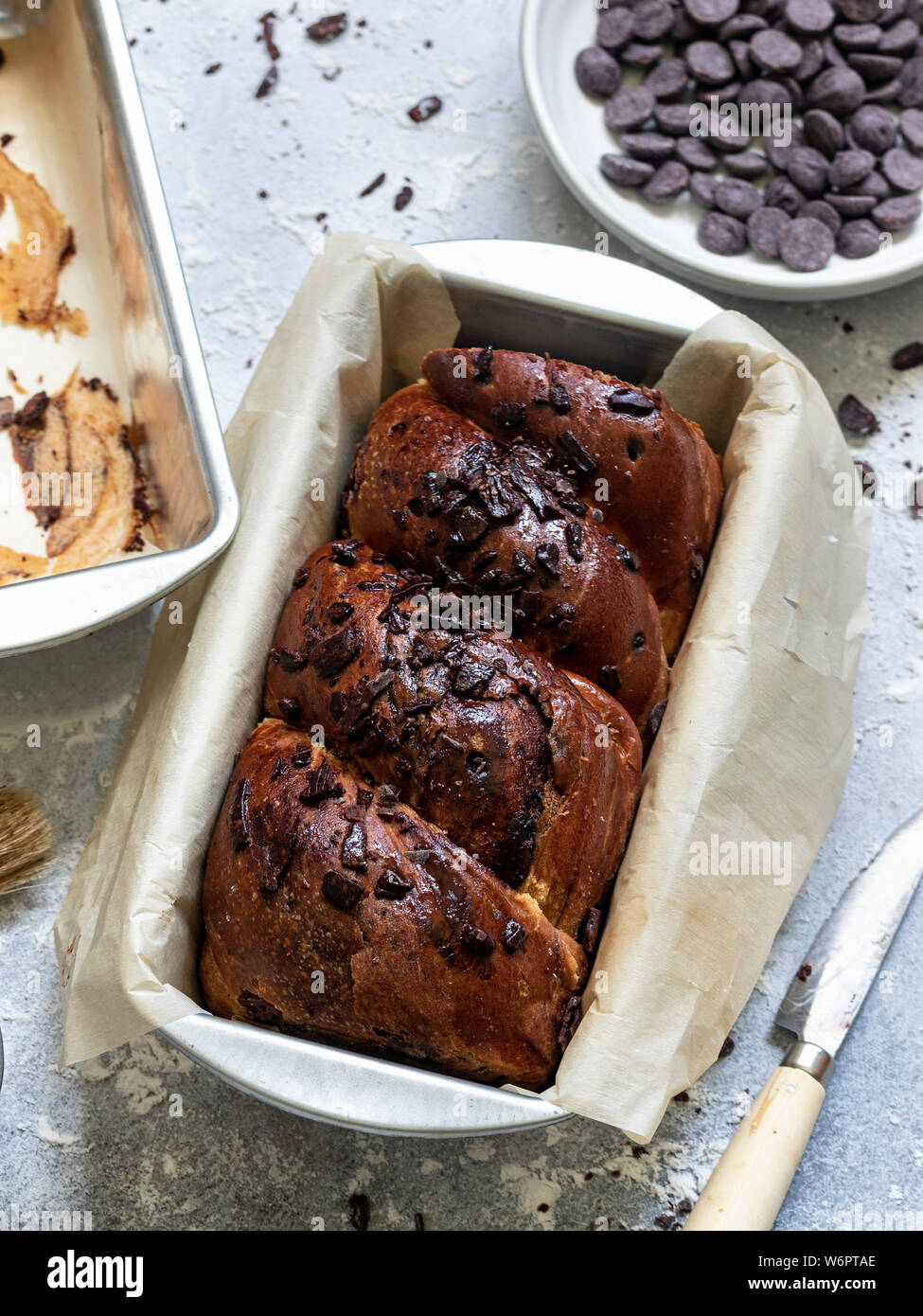 Home made chocolate babka in baking pan Stock Photo