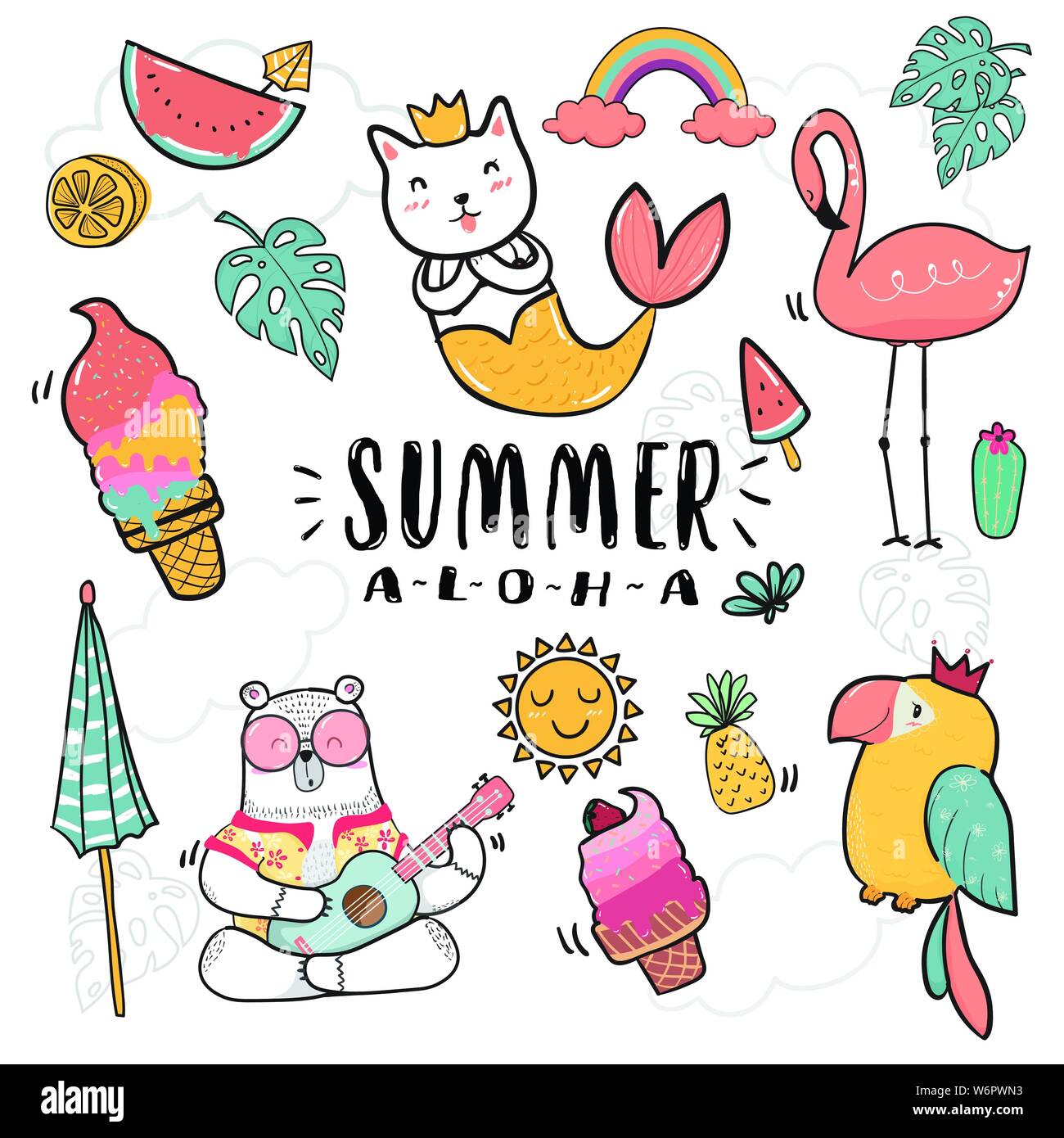hand draw cute doodle icon summer collection  flat vector illustration Stock Vector