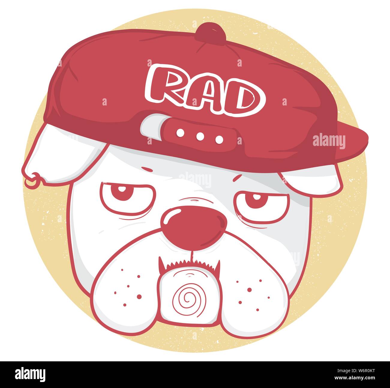 face of grumpy bulldog wear baseball cap with RAD text, drawing outline in red color vintage style, great idea for kid, child, tshirt design, apparel Stock Vector