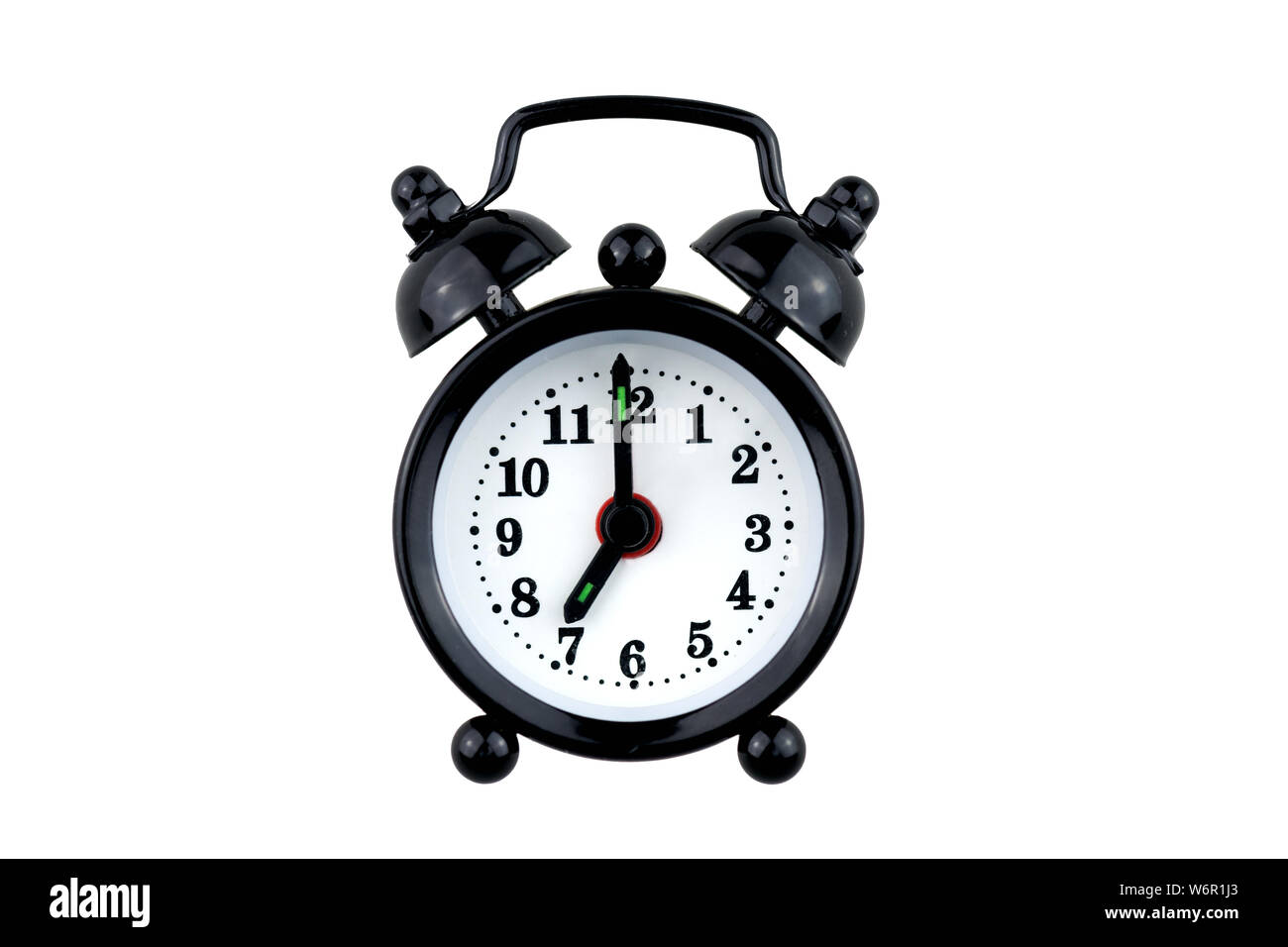 black vintage alarm clock at 7 am isolated on white background Stock Photo  - Alamy