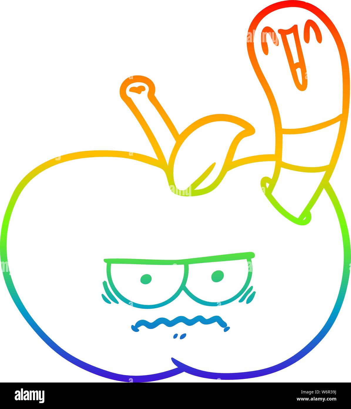 rainbow gradient line drawing of a cartoon worm eating an angry apple ...