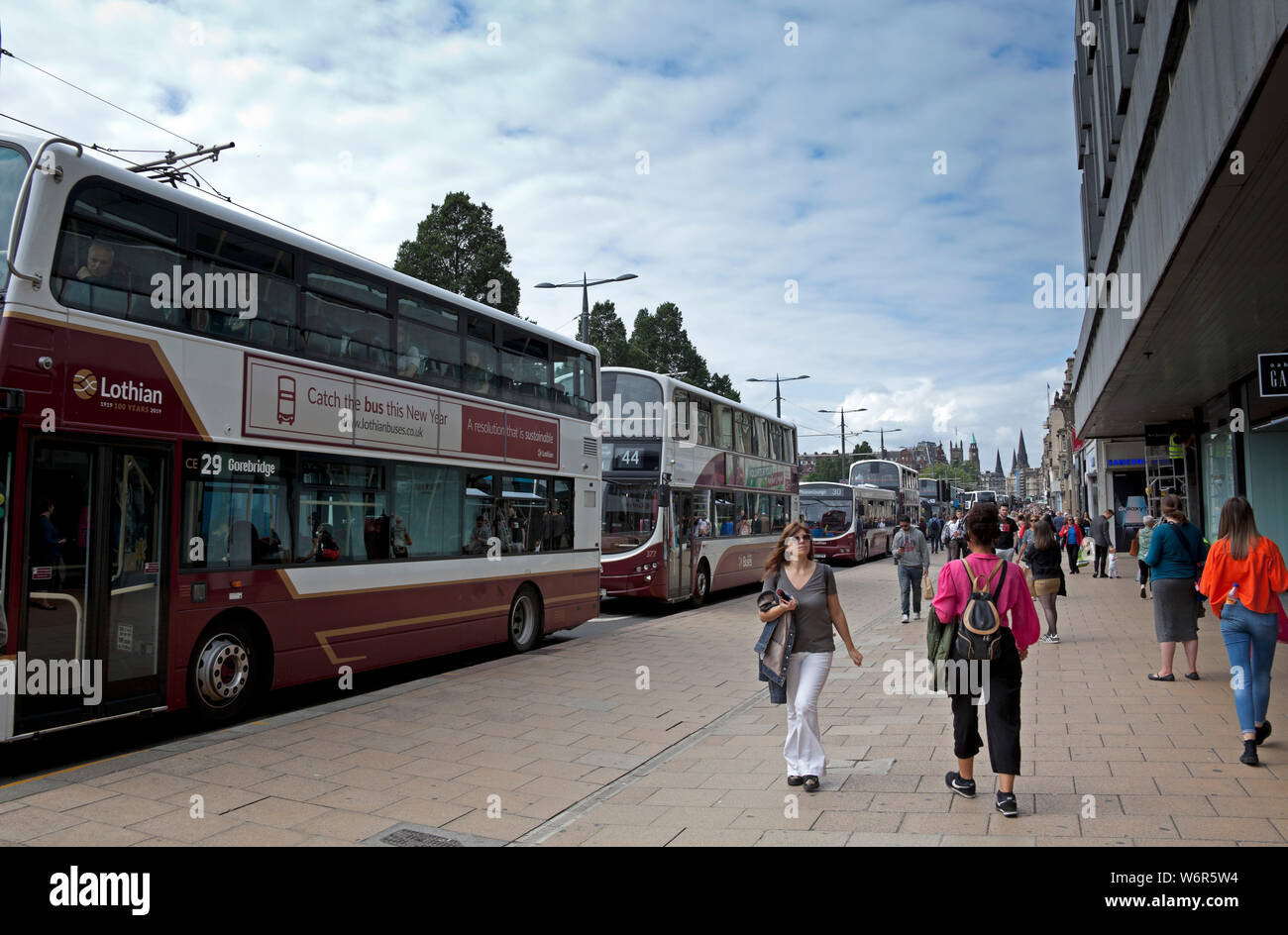 Princes Street, Edinburgh, Scotland. 2nd August 2019. First Day of Edinburgh Fringe Festival and the International Festival, and by the afternoon Princes Street had ground to a halt with buses nose to tail the whole length of the city centre main artery blocking junctions and forcing drivers to allow passengers to alight in between stops due to the massive delay. Stock Photo