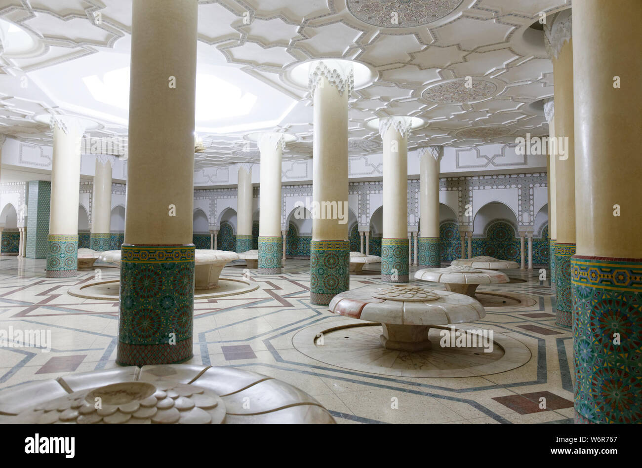 View of the Wudu wash room of Hassan II Grand Mosque. The ritual of washing is performed before formal prayer, Casablanca, Morocco, Africa. Stock Photo