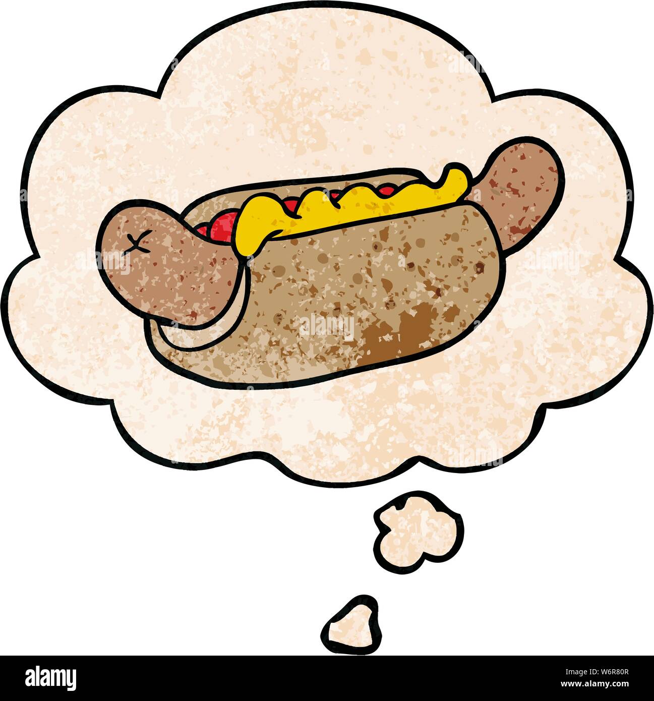 cartoon hot dog with thought bubble in grunge texture style Stock Vector
