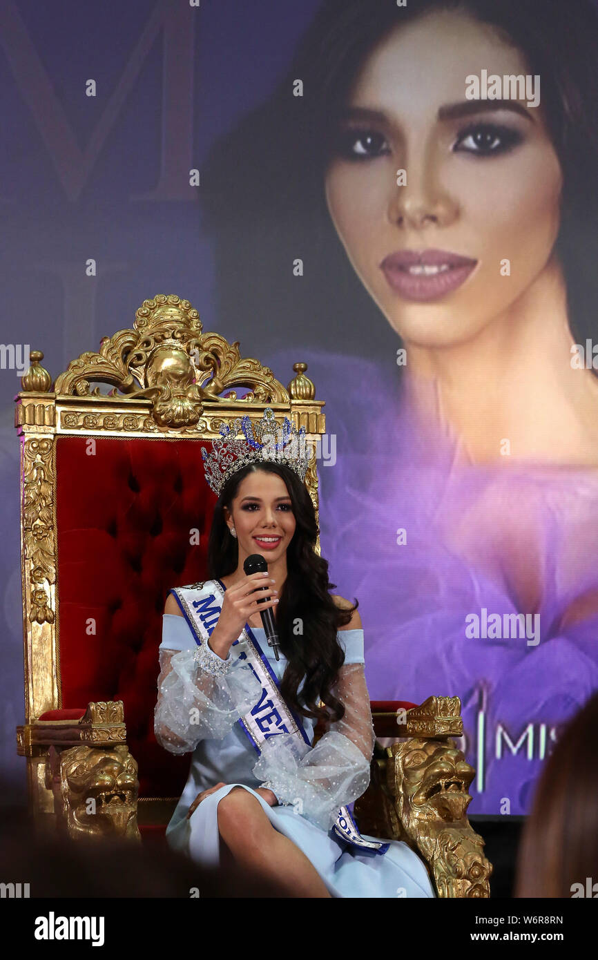 Caracas, Venezuela. 02nd Aug, 2019. Thalia Olvino, marketing student from the state of Delta Amacuro, speaks at a press conference after her coronation as Miss Venezuela 2019. Venezuela is a superpower in international business with beauty. Seven Miss Universe and six Miss World come from the South American country. At the same time, however, the country is experiencing a severe political and economic crisis. Millions of Venezuelans have already left their homes. Credit: Pedro Ramses Mattey/dpa/Alamy Live News Stock Photo
