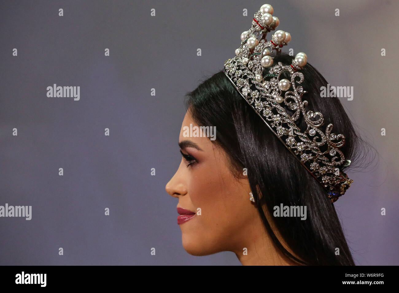 Caracas, Venezuela. 02nd Aug, 2019. Melissa Jimendez from the state of Zulia smiles at a press conference. The 20-year-old is supposed to wear the sash at the Miss Universe competition. Venezuela is a superpower in international business with beauty. Seven Miss Universe and six Miss World come from the South American country. At the same time, however, the country is experiencing a severe political and economic crisis. Millions of Venezuelans have already left their homes. Credit: Pedro Ramses Mattey/dpa/Alamy Live News Stock Photo