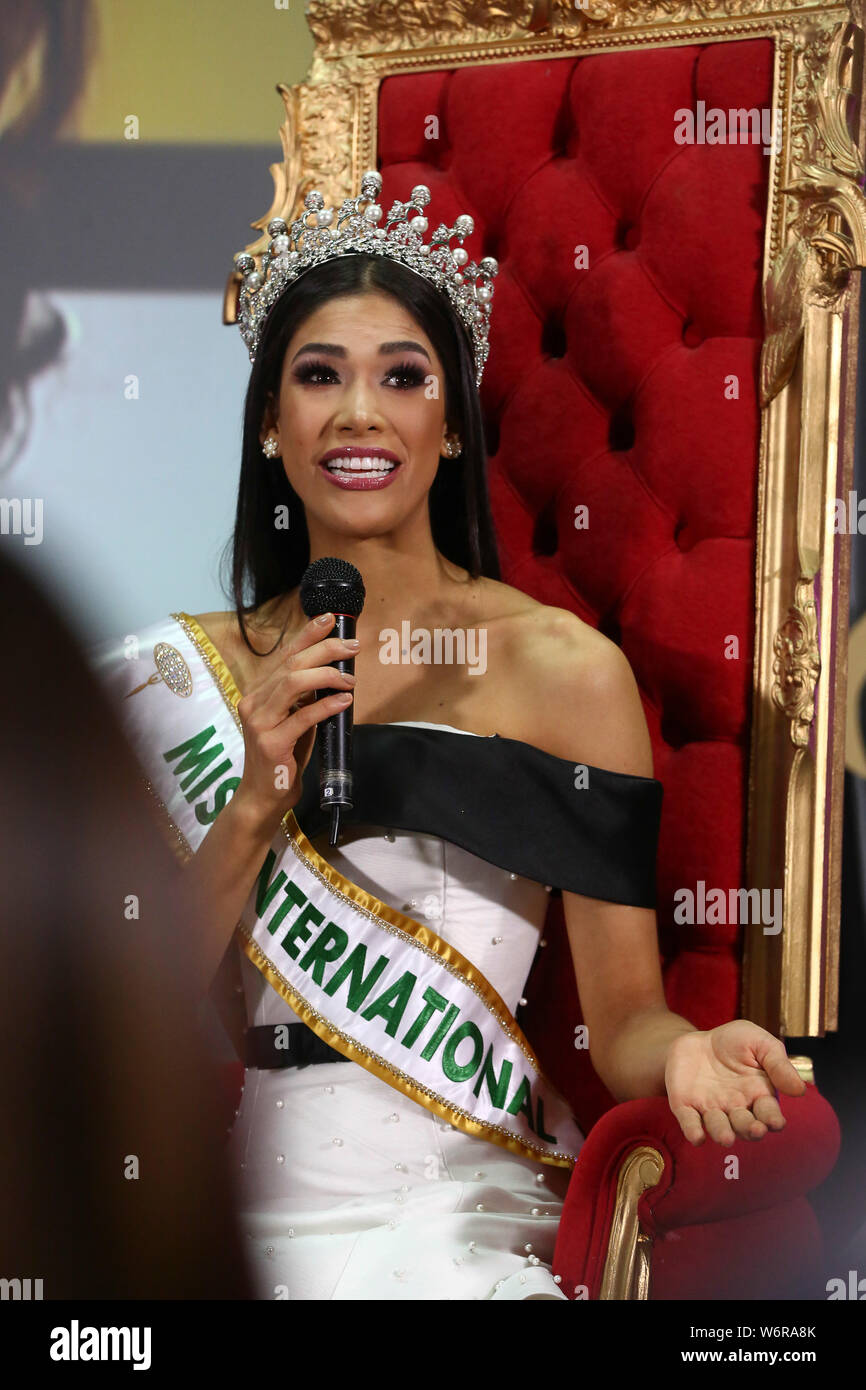 Caracas, Venezuela. 02nd Aug, 2019. Melissa Jimendez from the state of  Zulia speaks at a press conference. The 20-year-old is supposed to wear the  sash at the Miss Universe competition. Venezuela is
