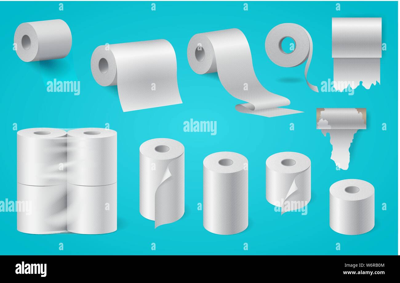 Realistic paper roll set, kitchen towel, packaged toilet paper, cash tape Stock Vector