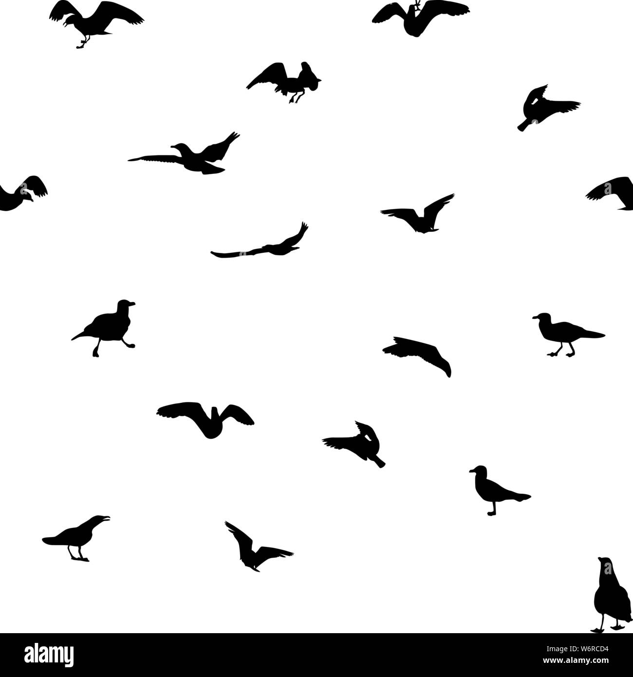 Set of different gull silhouettes. Flying, eating, going, taking off. Seamless pattern. Stock Vector