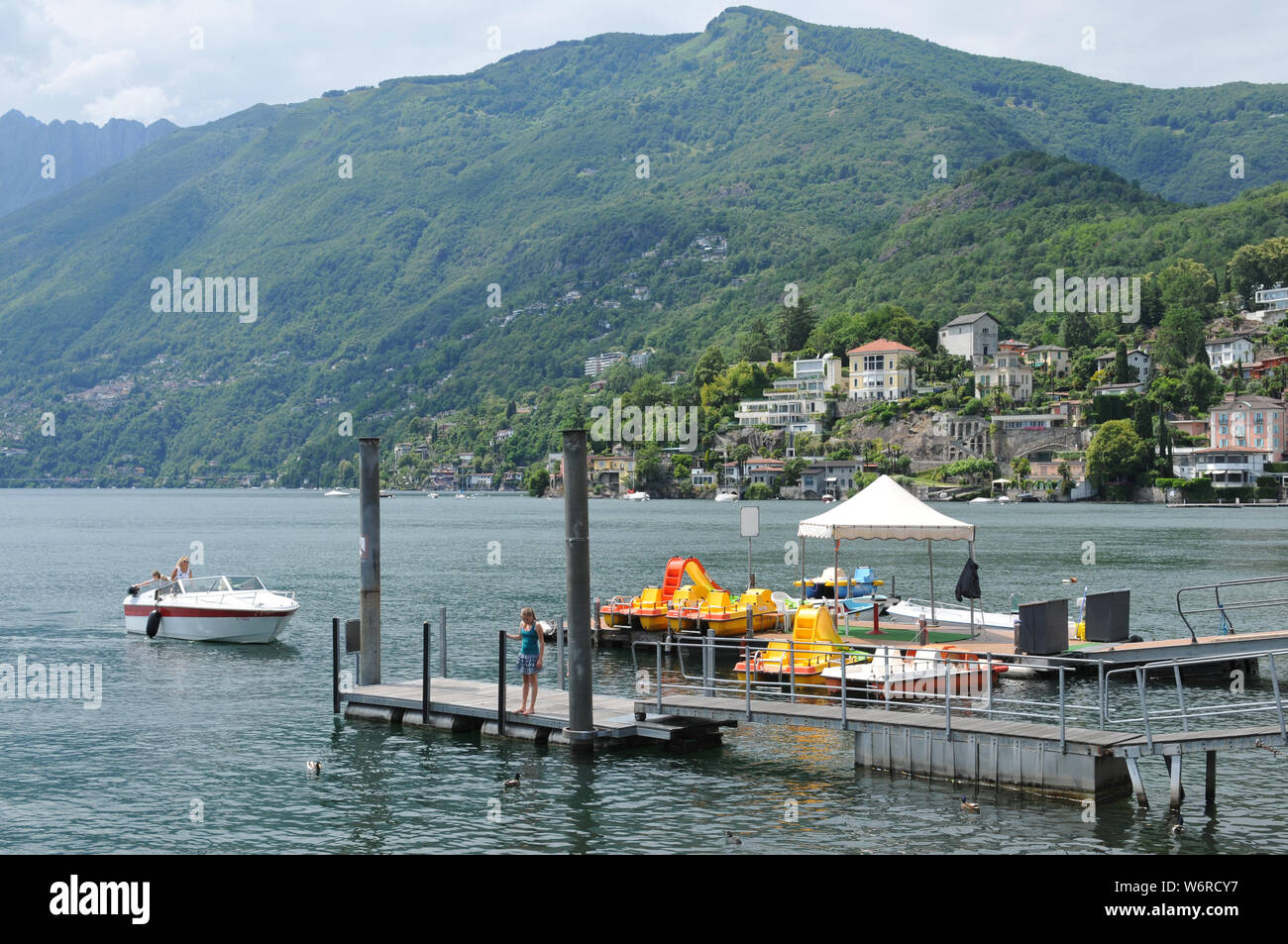 South Switzerland: The view from Piazza Grande in the pedestrian zone at Lake Maggiore in Ascona City in canton Ticino Stock Photo