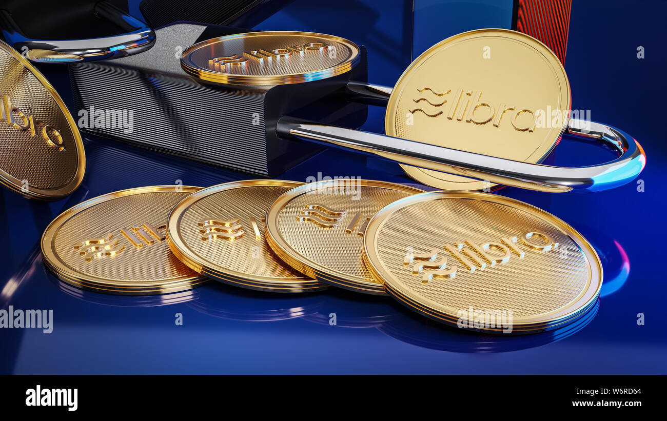 Golden crypto currency libra coins lie on blue background with digitial padlocks. Symbolizes the security of crypto currencies in the network. 3D rend Stock Photo