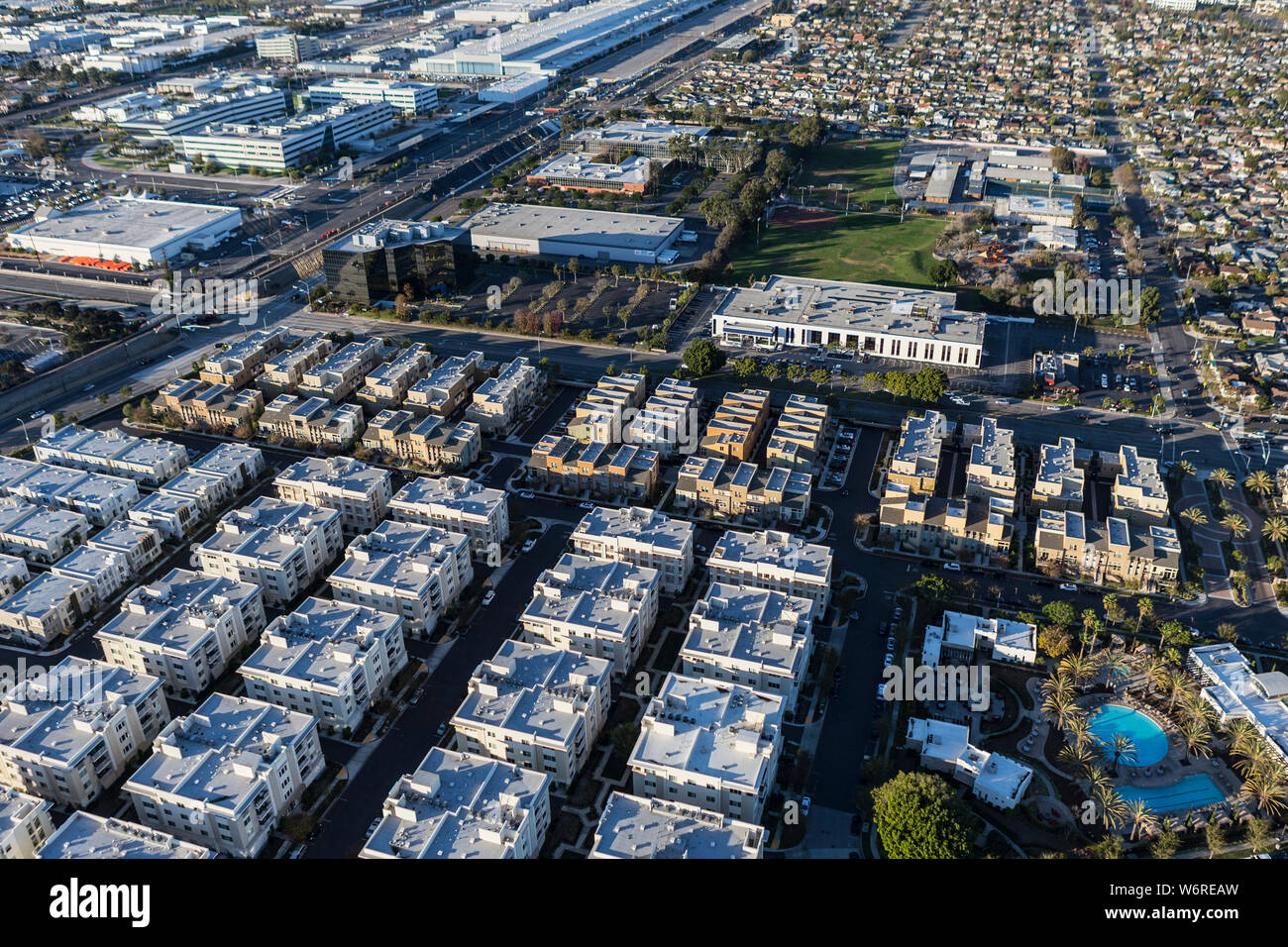 Aerial view of apartments in buildings near El Segundo and LAX in Los