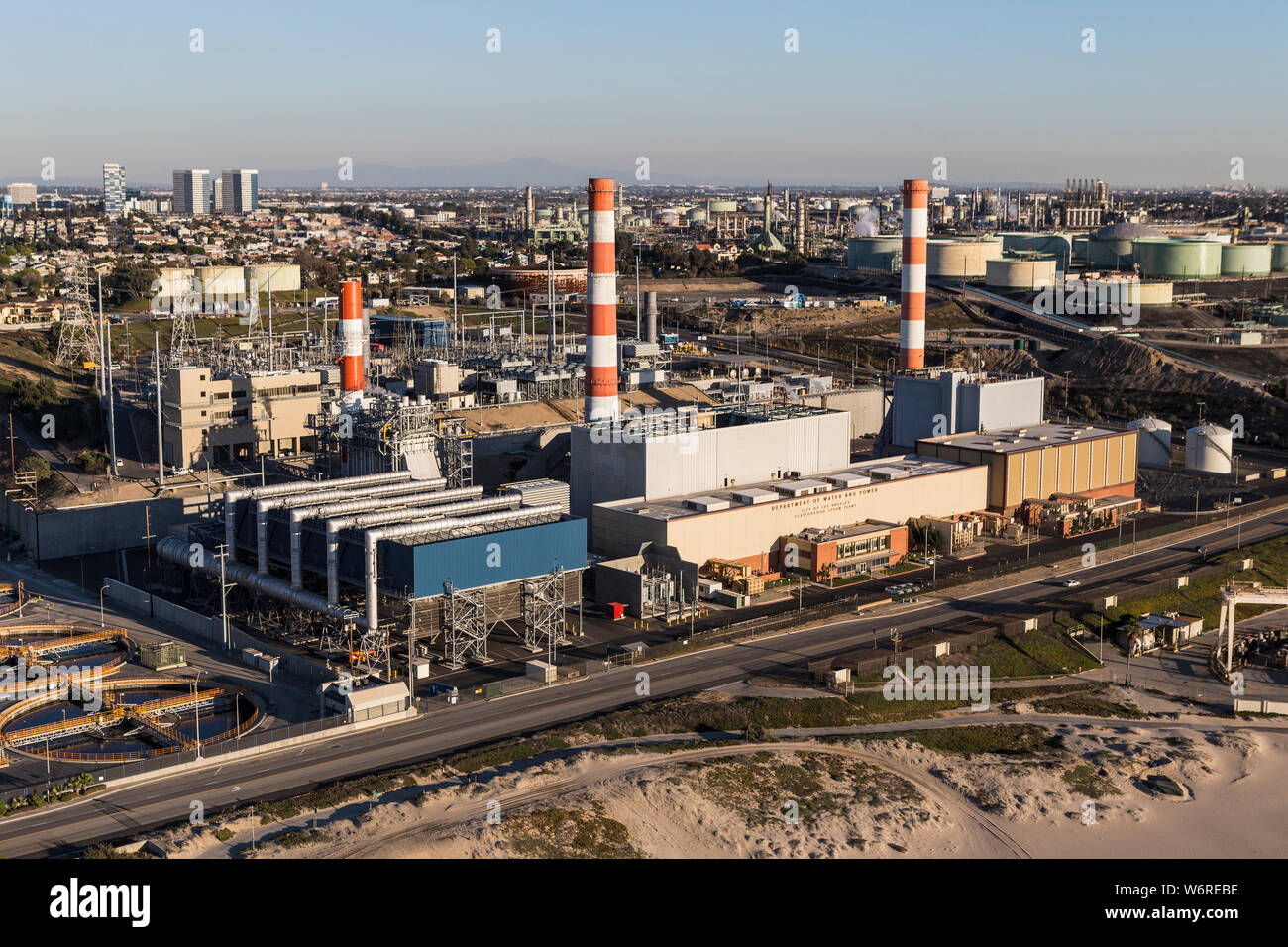 Los Angeles, California, USA - December 17, 2016:  Aerial view of Scattergood Steam Plant electric power generating facility near Dockweiler state bea Stock Photo
