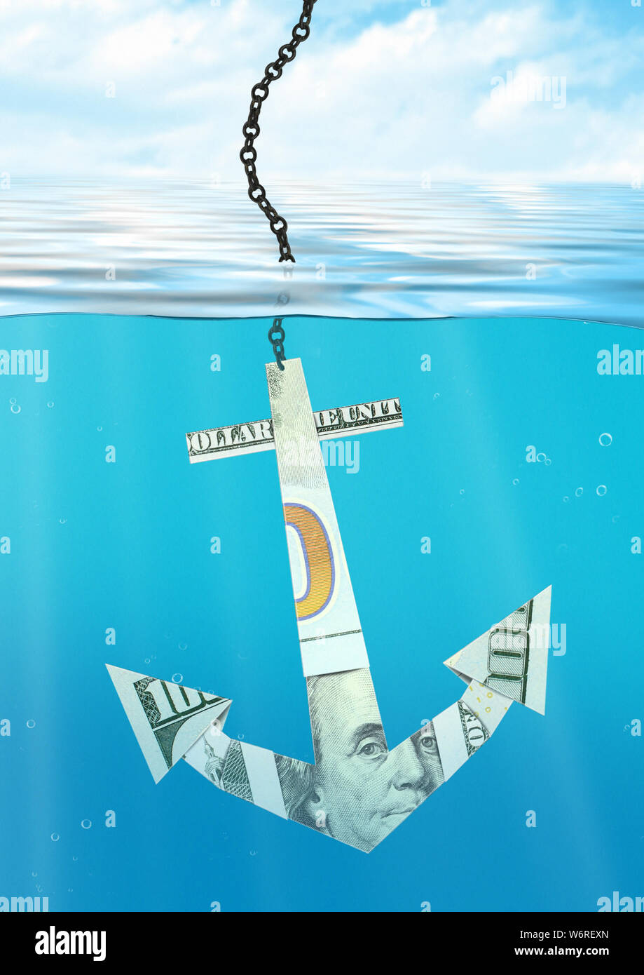 financial problems concept, anchor made of money Stock Photo