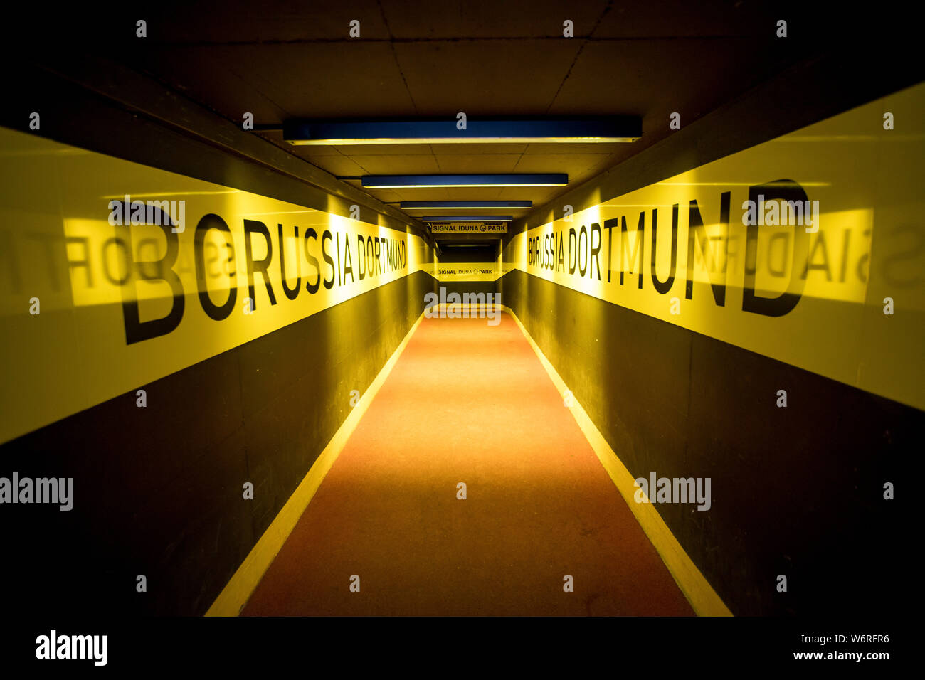 Player tunnel, access for players in Signal-Iduna-Park, Westfalenstadion, football stadium of BVB Borussia Dortmund, in black-yellow club colours, Stock Photo