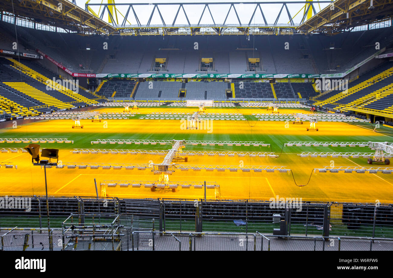 Signal-Iduna-Park, Westfalenstadion, football stadium of BVB Borussia Dortmund, the lawn of the pitch is illuminated with special lamps, for lawn care Stock Photo