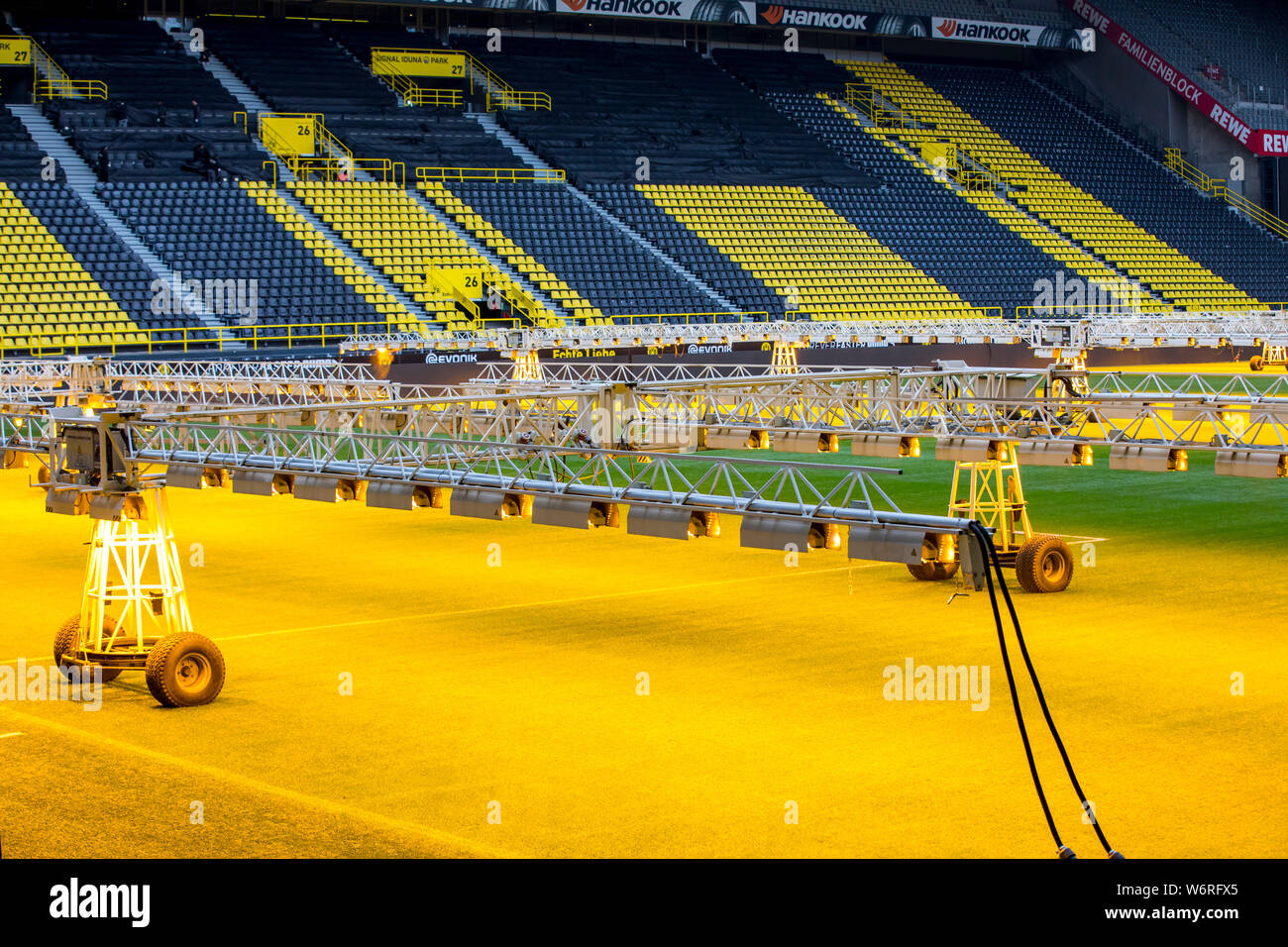 Signal-Iduna-Park, Westfalenstadion, football stadium of BVB Borussia Dortmund, the lawn of the pitch is illuminated with special lamps, for lawn care Stock Photo