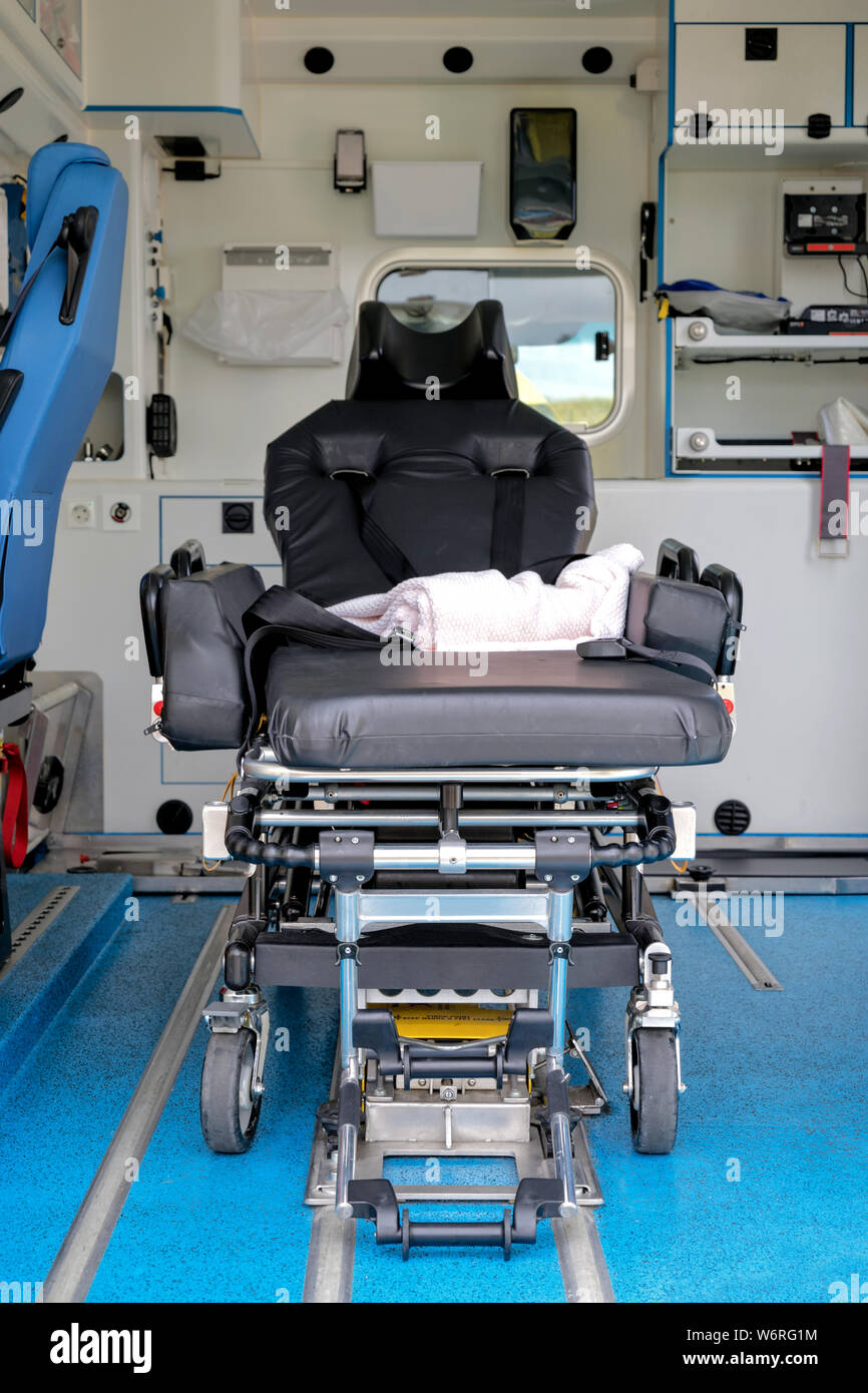 interior of an ambulance with stretcher Stock Photo