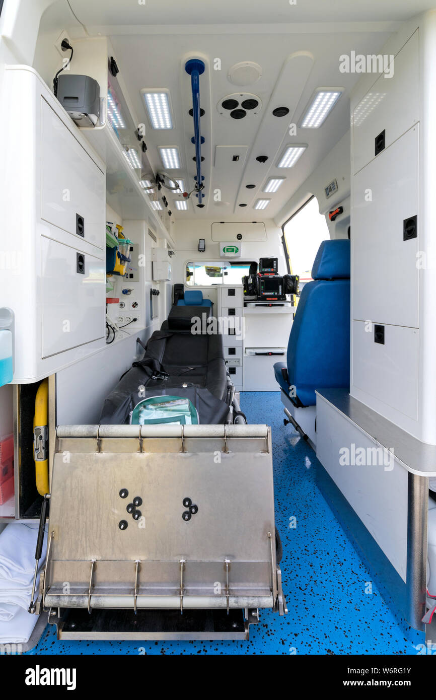interior of an ambulance with stretcher Stock Photo