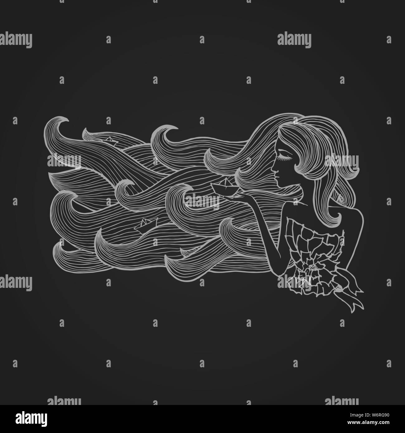 Hand drawn girl with long swirl hair with three paper ships. Stock Vector