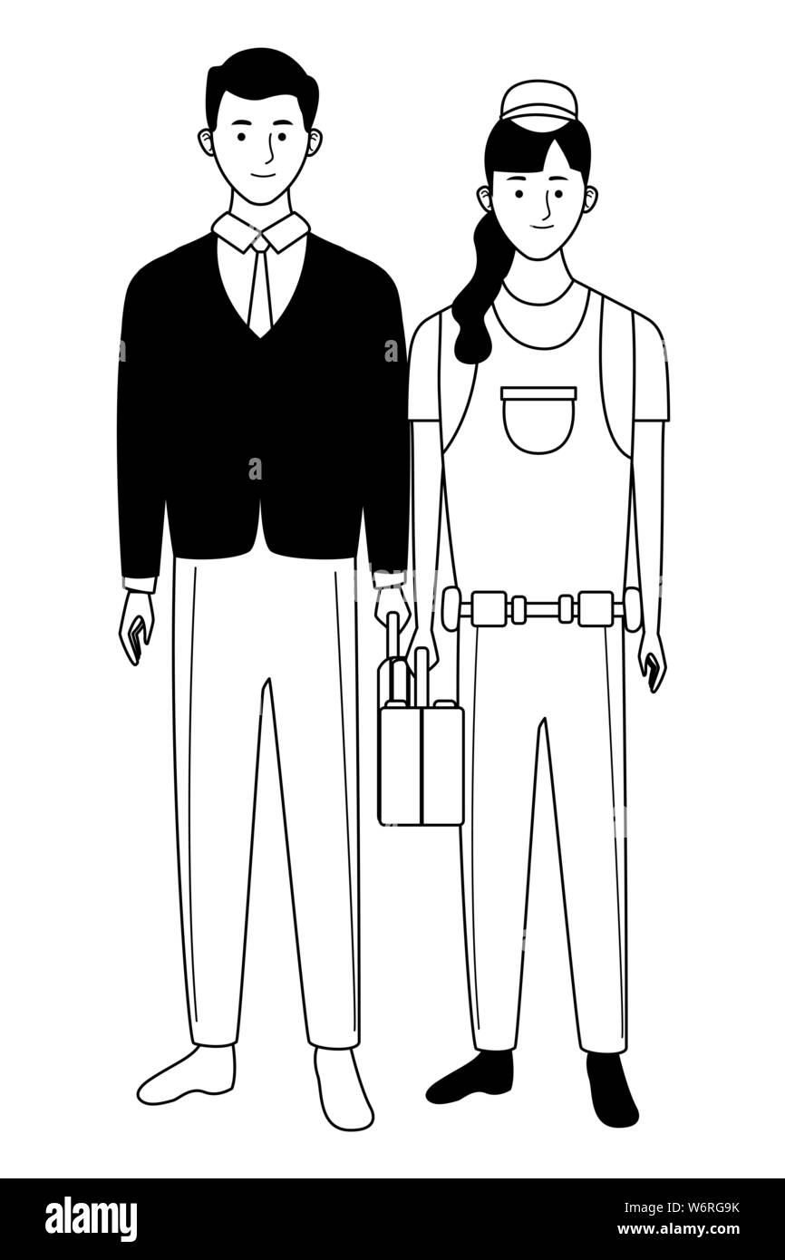 Professionals workers couple smiling cartoons in black and white Stock  Vector Image & Art - Alamy