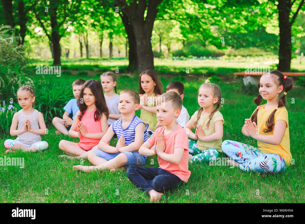 A large group of children engaged in yoga in the Park sitting on the ...
