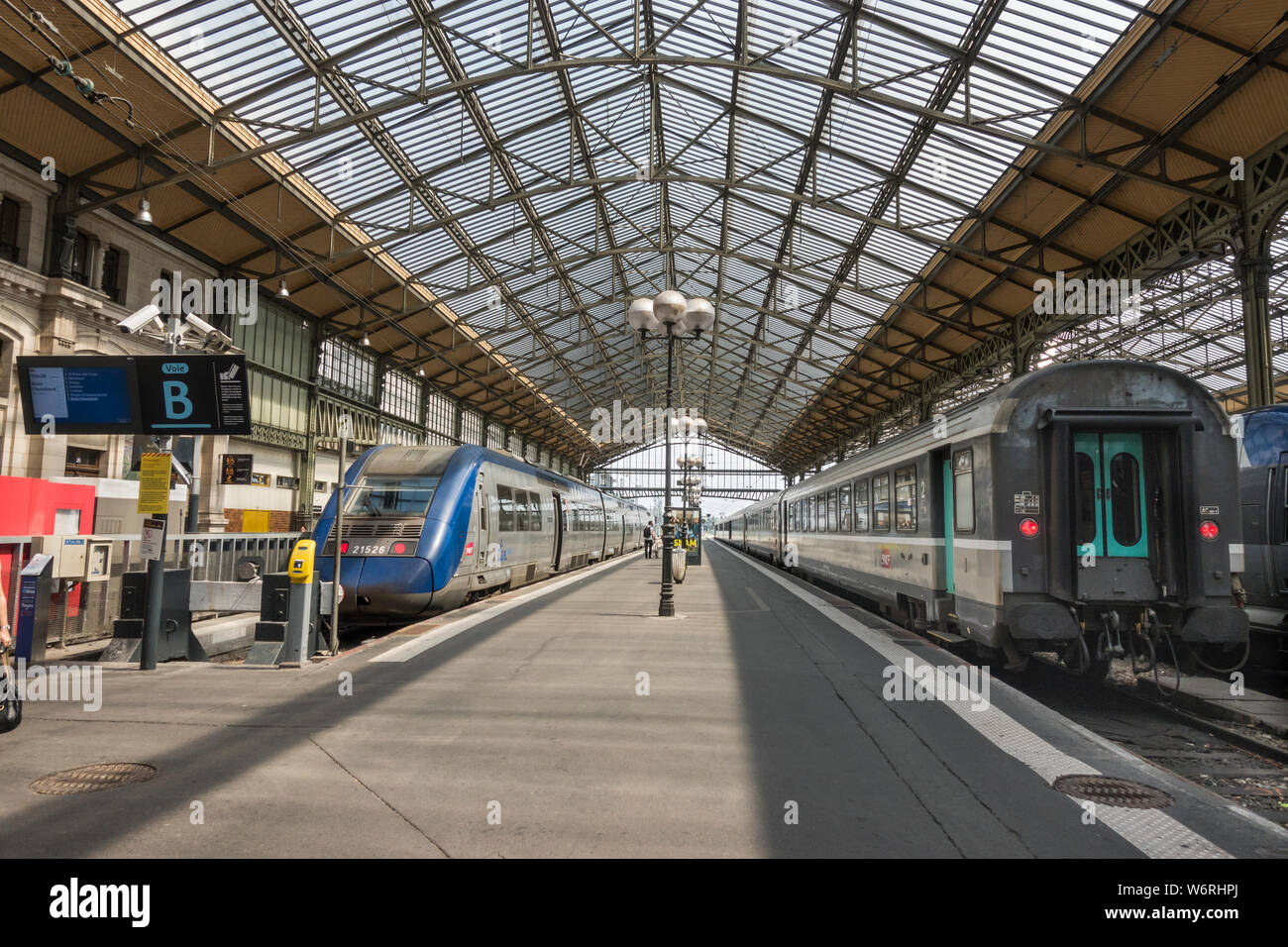 Trains at platforms in Tours, France historic train station Gare de Tours built in 1898