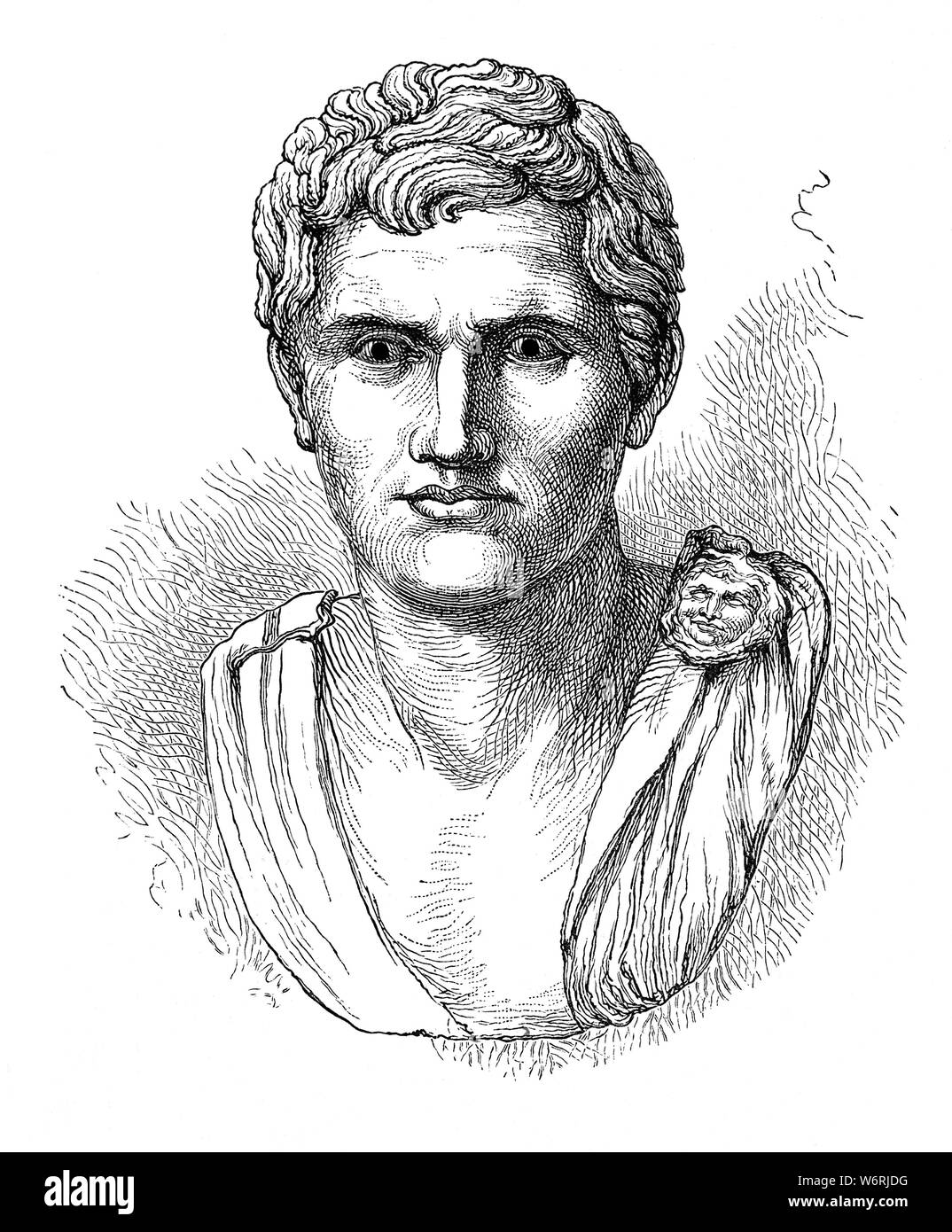 A portrait of Gnaeus Pompey Magnus (106 –  48 BCE), a military and political leader of the late Roman Republic. He came from a wealthy Italian provincial background, and his father had been the first to establish the family among the Roman nobility. Pompey's immense success as a general while still very young enabled him to advance directly to his first consulship without meeting the normal requirements for office. His success as a military commander in Sulla's second civil war resulted in Sulla bestowing the cognomen Magnus, Pompey 'the Great', upon him. Stock Photo