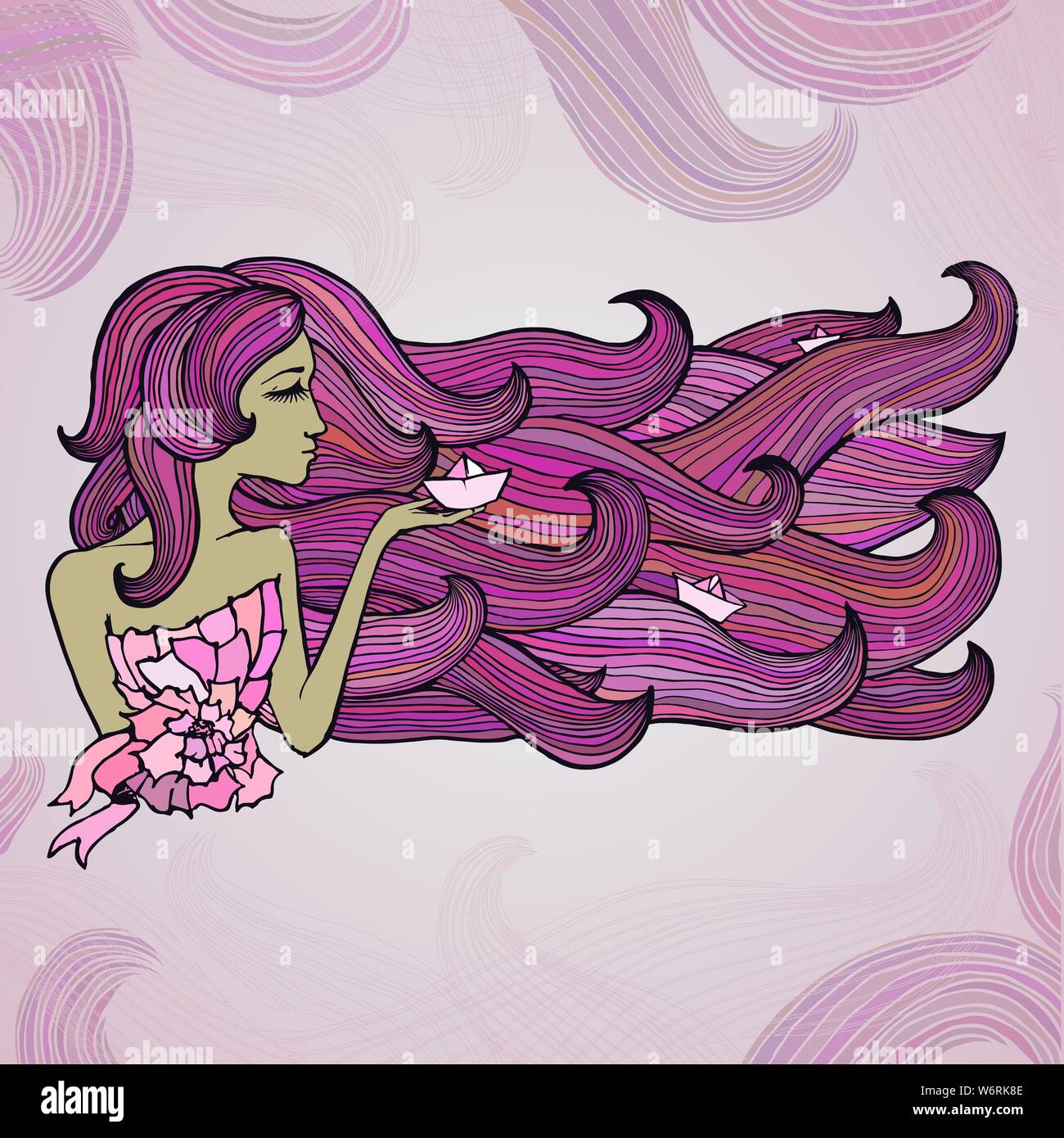 Girl with long colorful swirl hair with three paper ships Stock Vector