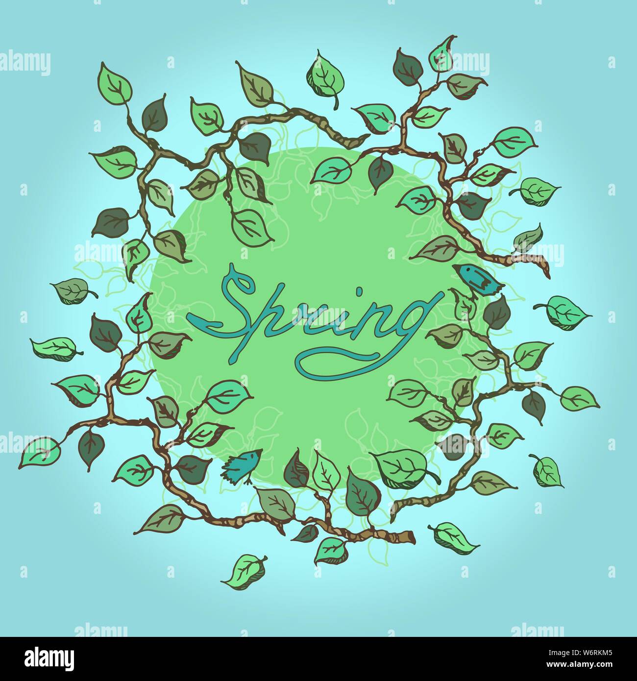 Colorfu spring frame with hand drawn branches, birds, leaves. Stock Vector