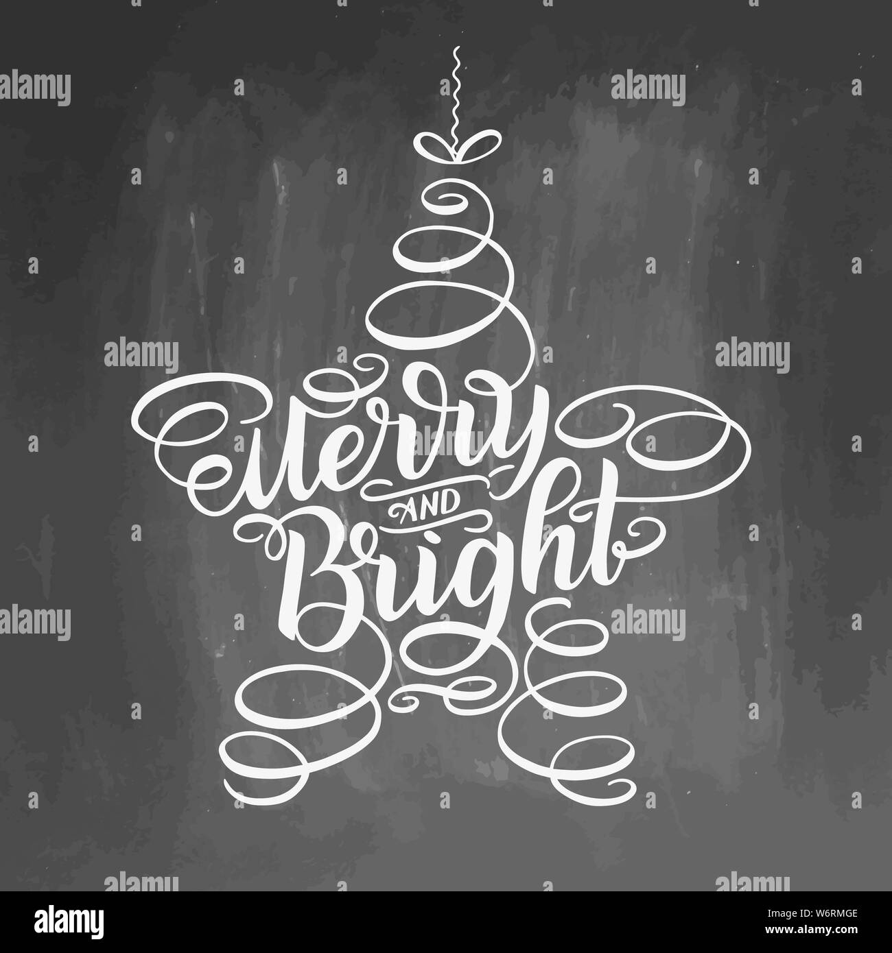 Merry and bright lettering framed in star tree toy. Hand drawn calligraphy lettering inspirational quotes. Chalkboard background, white letters,  illu Stock Photo