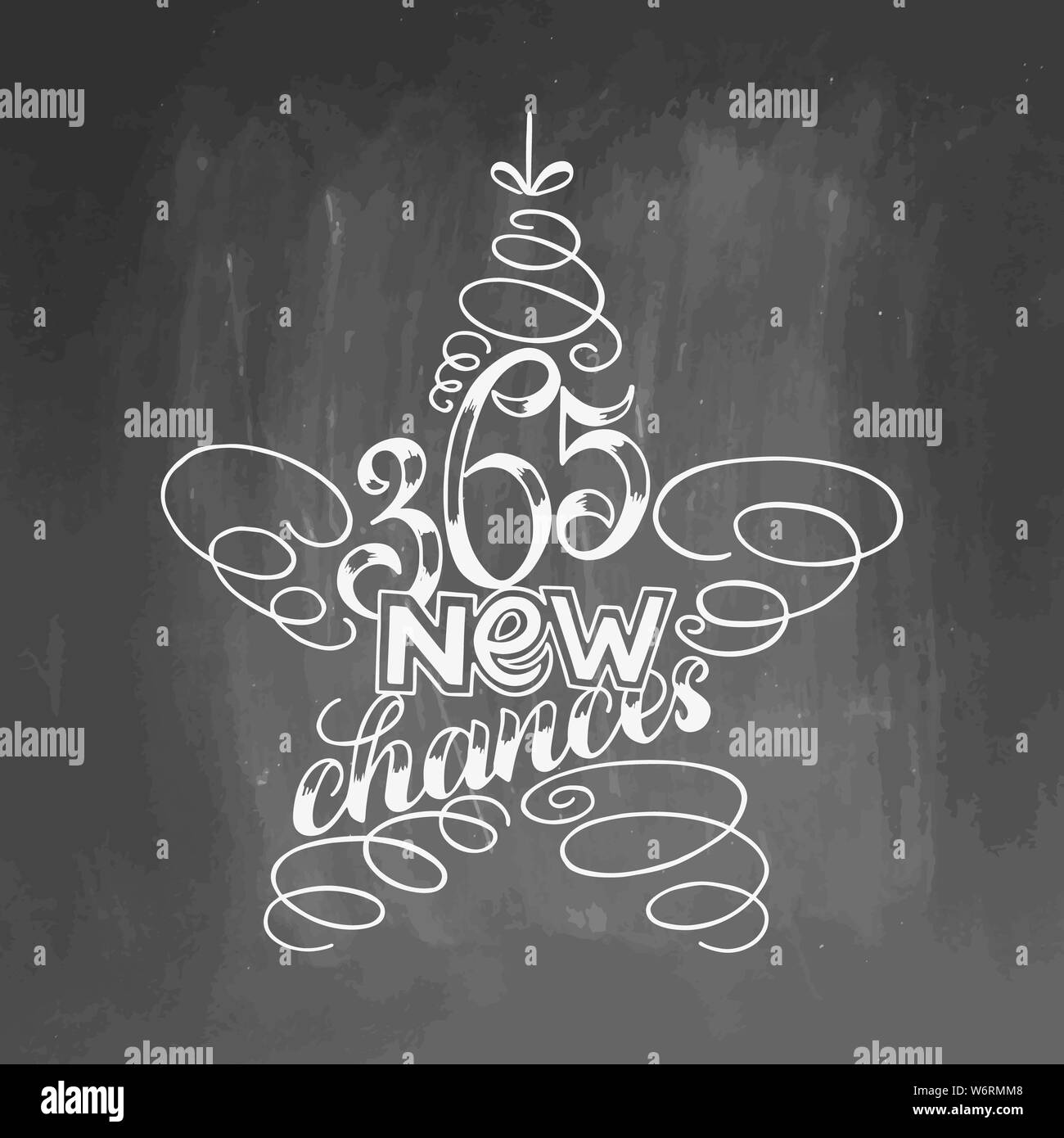 365 new chances lettering framed in star tree toy. Hand drawn calligraphy lettering inspirational quotes. Chalkboard background, white letters,  illus Stock Photo