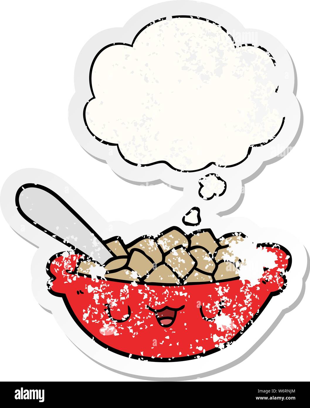 cute cartoon bowl of cereal with thought bubble as a distressed worn ...
