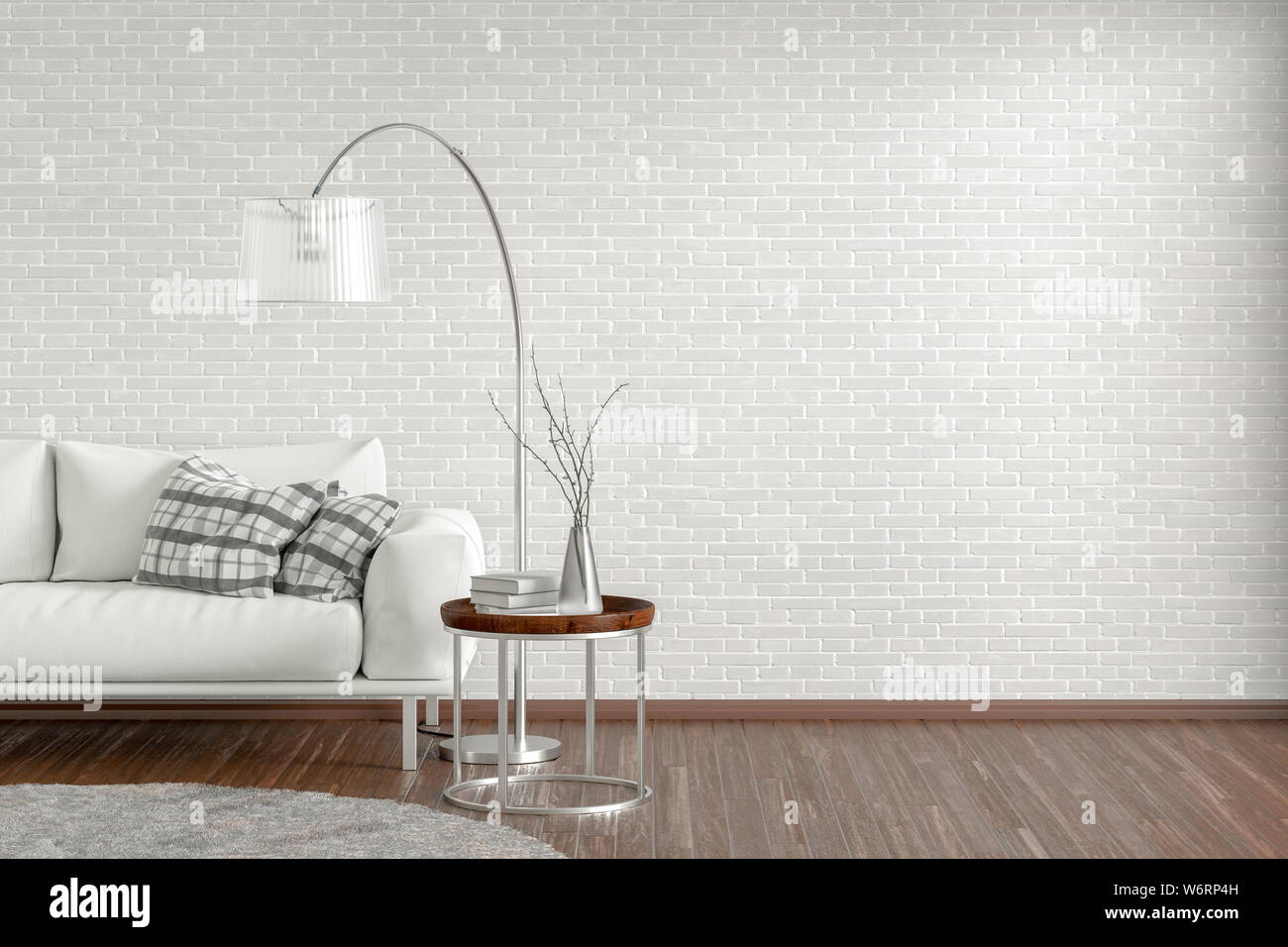 Interior of modern living room with white brick wall and wooden