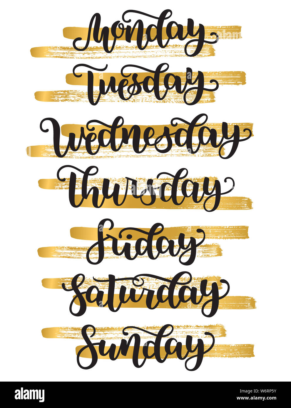 Lettering Days Of Week Sunday, Monday, Tuesday, Wednesday, Thursday, Friday,  Saturday. Modern Calligraphy Isolated On White With Golden Bands. Vector  Illustration. Brush Ink Hand Lettering For Schedule Royalty Free SVG,  Cliparts, Vectors