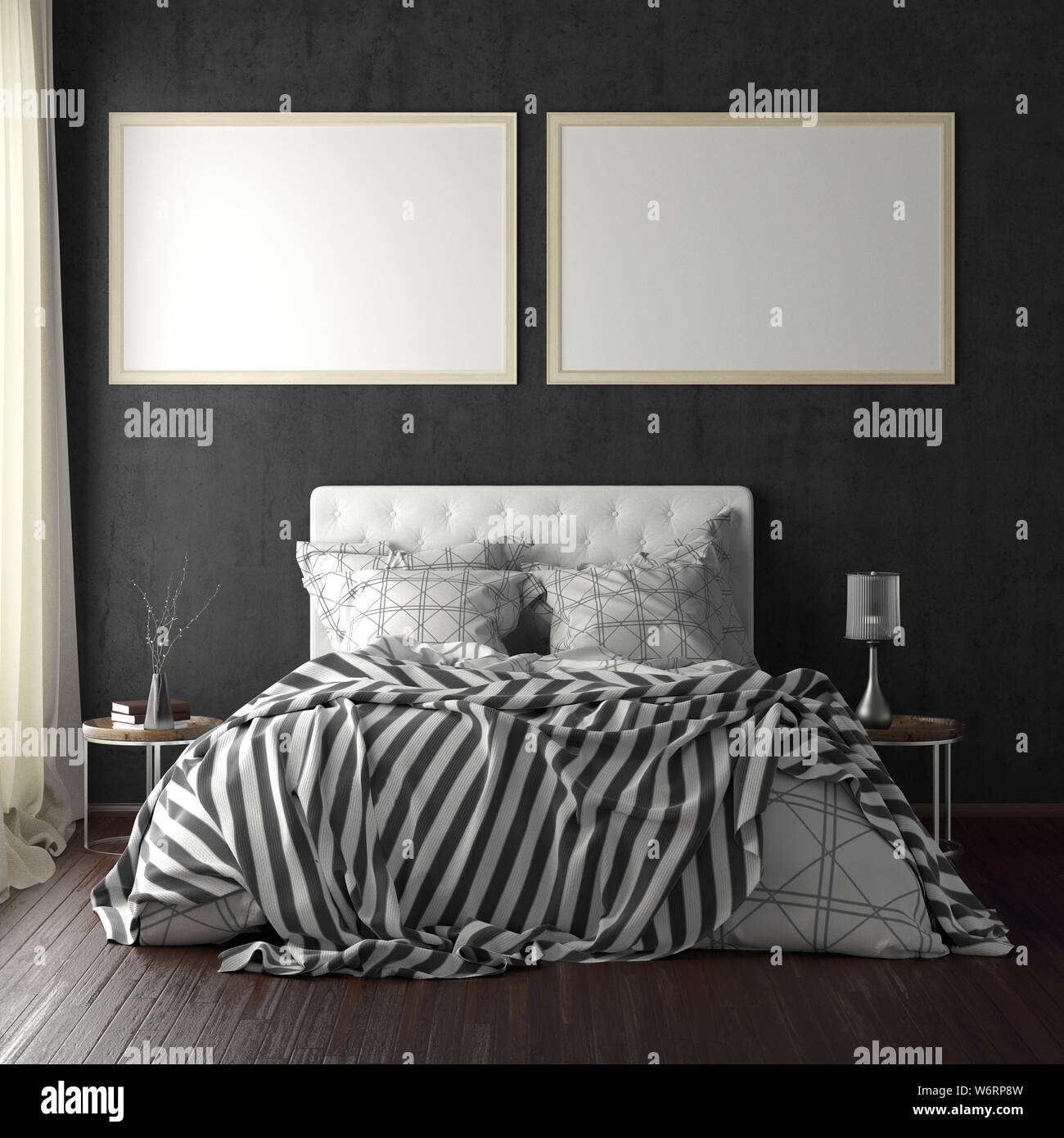 Two horizontal poster frame mockups above the bed on black wall in bedroom. Soft morning light through the curtain. 3d illustration Stock Photo