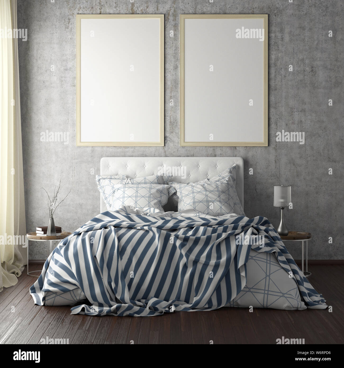 Two vertical poster frame mockups above the bed on concrete wall in bedroom. Soft morning light through the curtain. 3d illustration Stock Photo