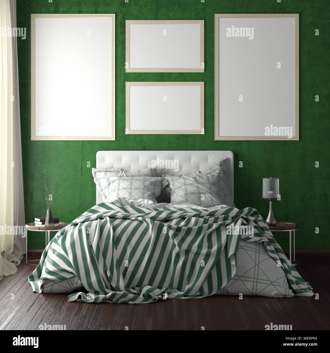 Poster Frames Mockups Above The Bed On Green Wall In Bedroom