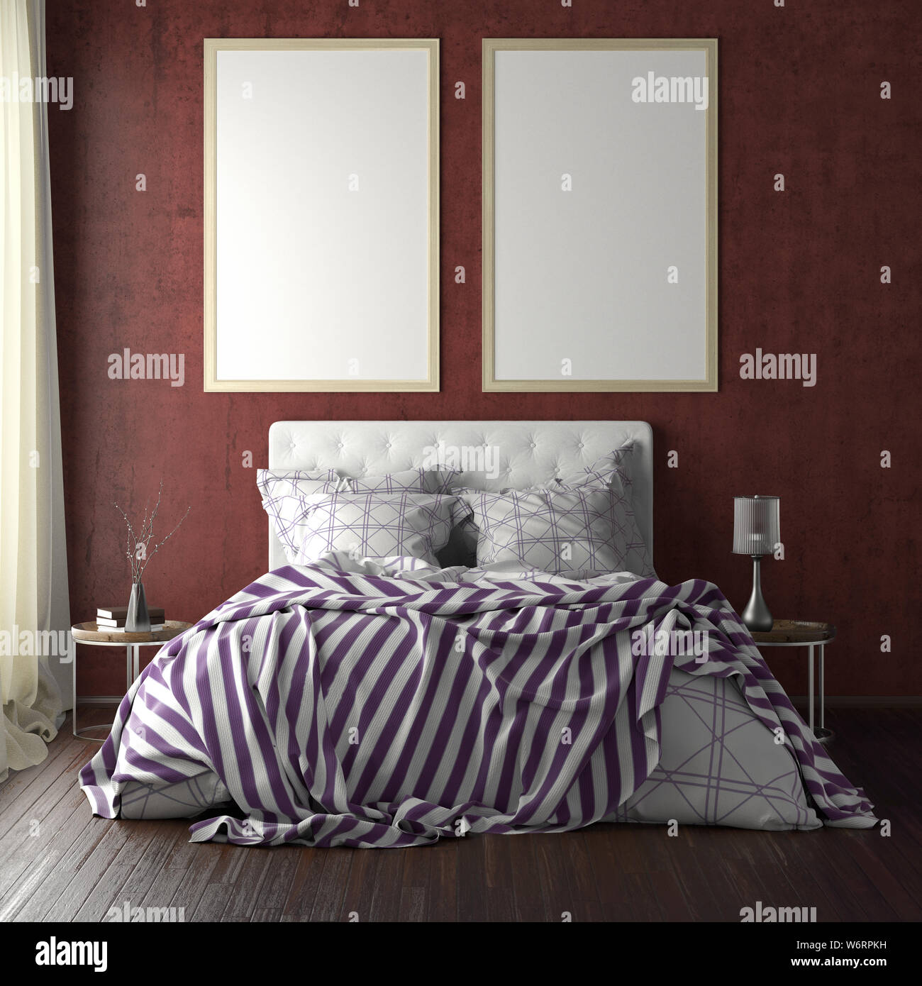 Two vertical poster frame mockups above the bed on red wall in bedroom. Soft morning light through the curtain. 3d illustration Stock Photo
