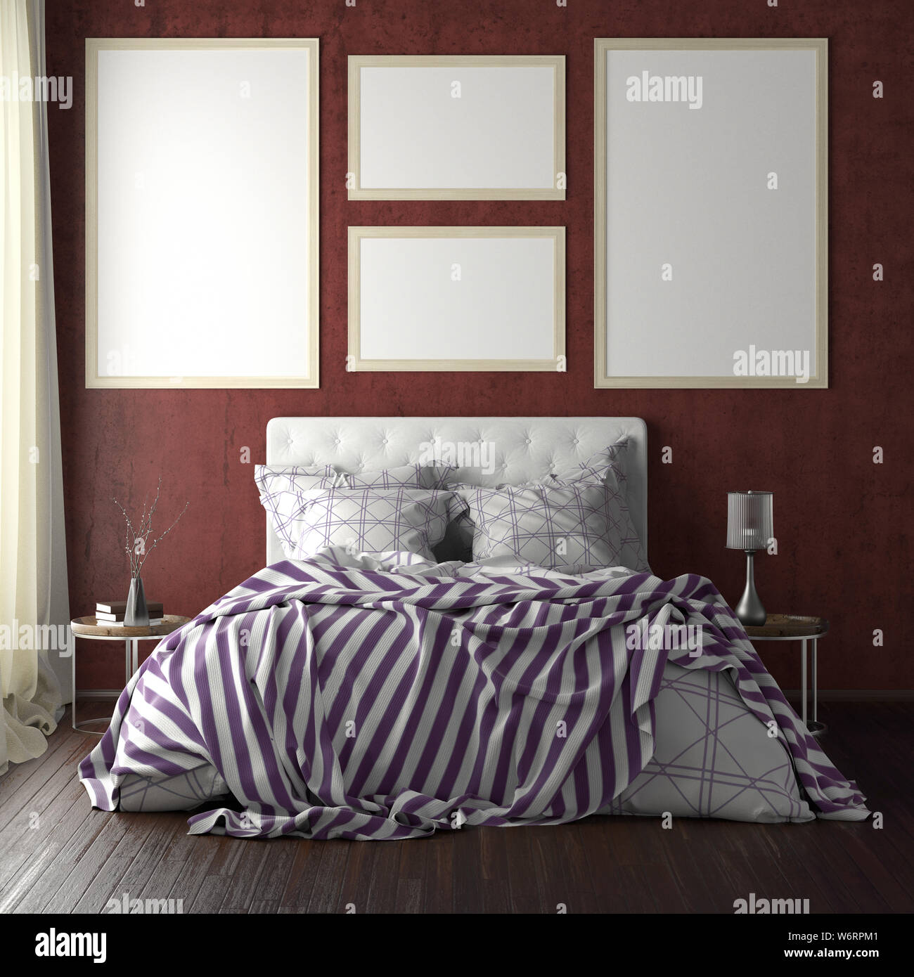 Poster Frames Mockups Above The Bed On Red Wall In Bedroom
