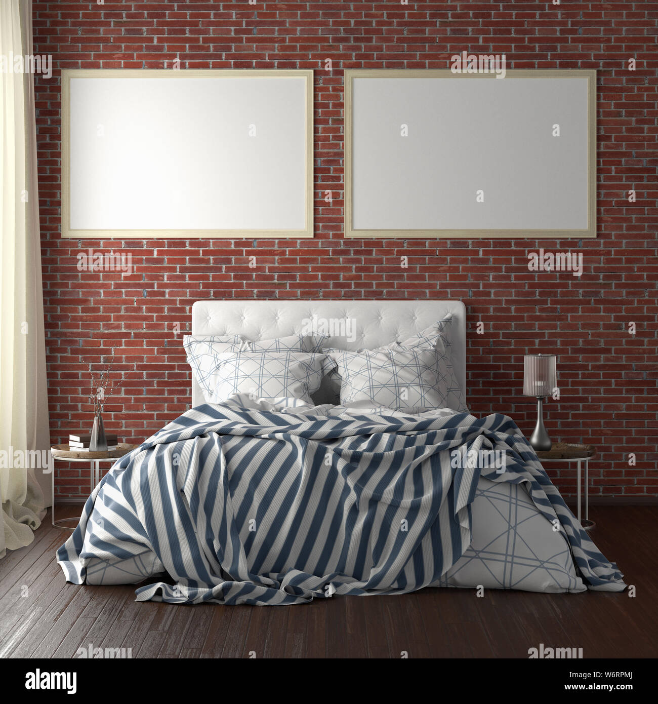 Two Horizontal Poster Frame Mockups Above The Bed On Red