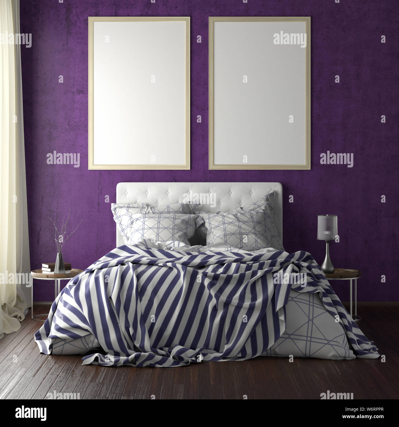 Two vertical poster frame mockups above the bed on violet wall in bedroom. Soft morning light through the curtain. 3d illustration Stock Photo