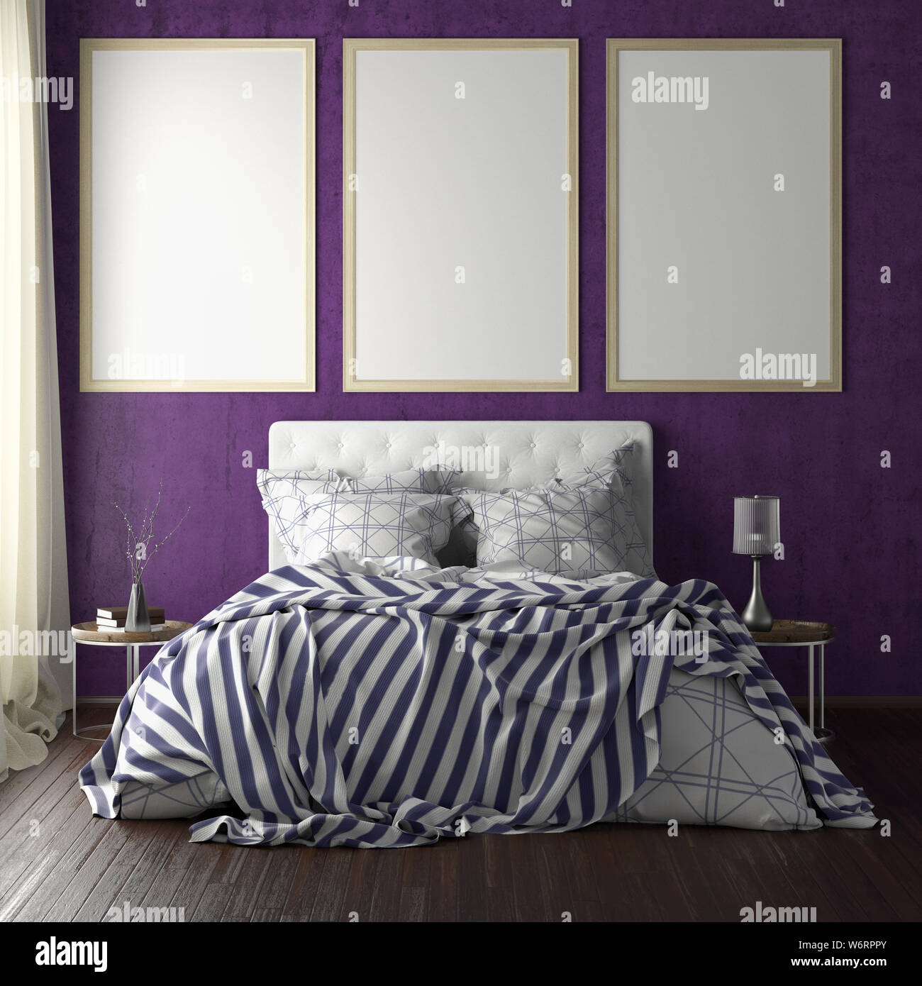 Three vertical poster frame mockups above the bed on violet wall in bedroom. Soft morning light through the curtain. 3d illustration Stock Photo