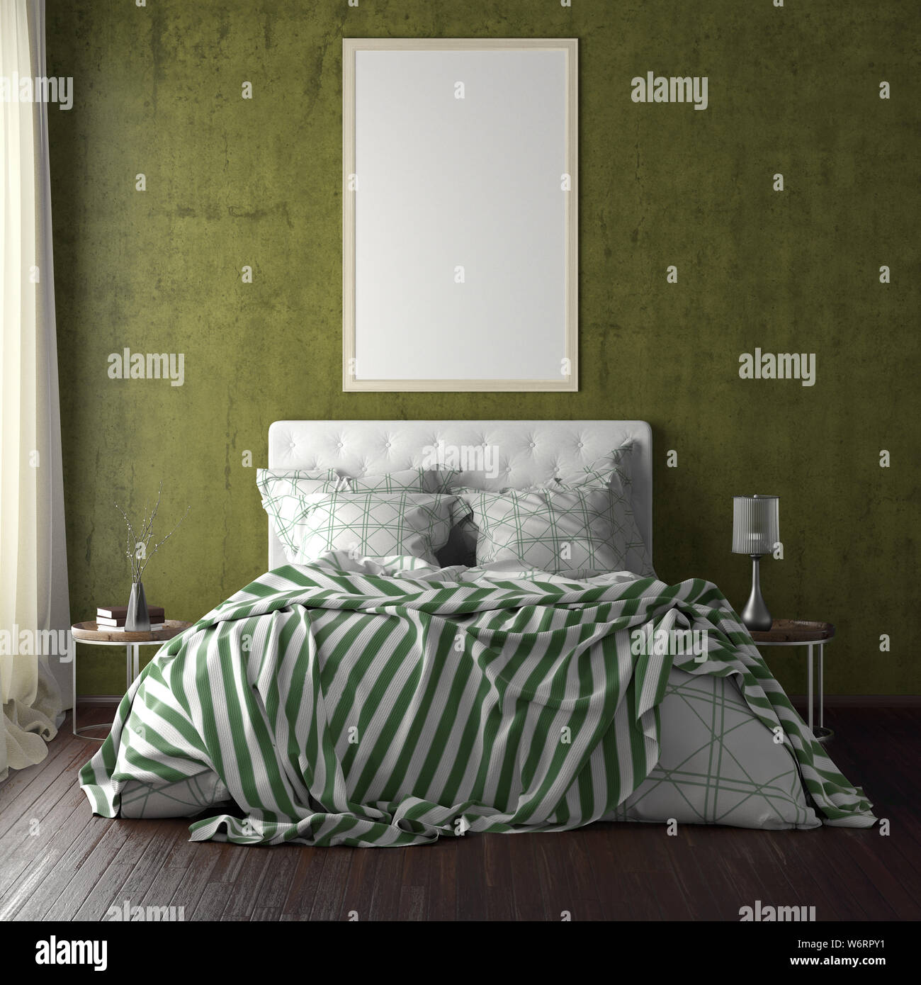 Vertical Poster Frame Mockup Above The Bed On Yellow Wall In